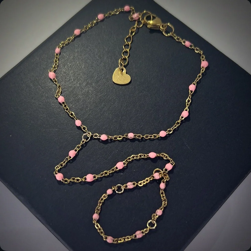 Handcrafted Pink Enamel Bead 18k Gold Handchain - Picture 1 of 3